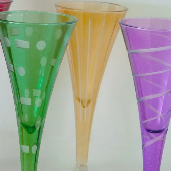 Set of FOUR Colored Etched Fluted Shot Vintage Stemware Glasses